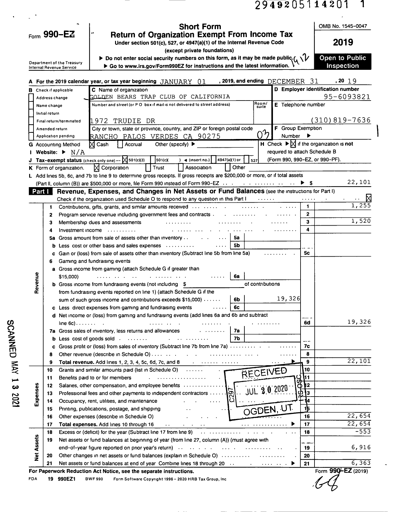 Image of first page of 2019 Form 990EZ for Golden Bears Trap Club of California