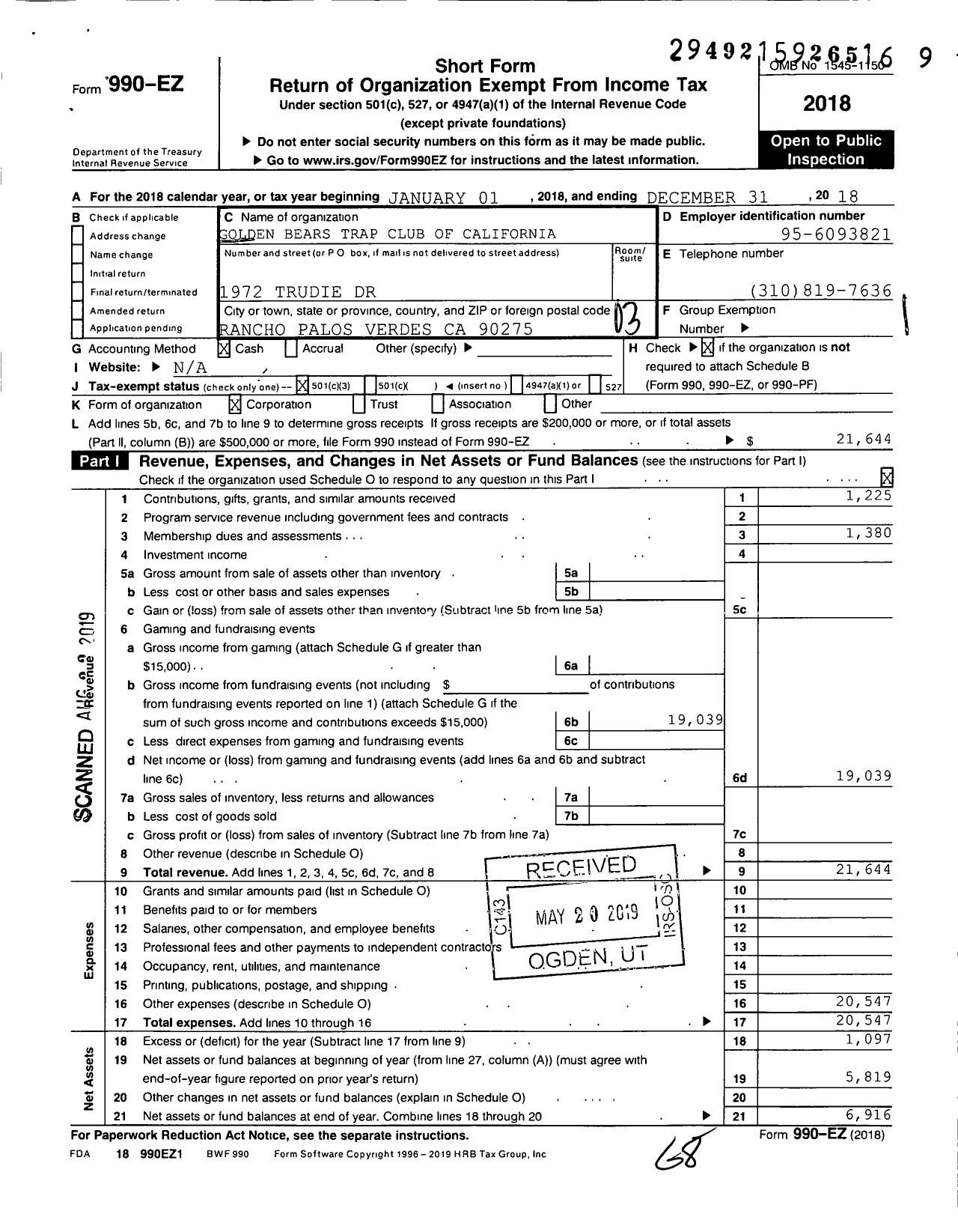 Image of first page of 2018 Form 990EZ for Golden Bears Trap Club of California