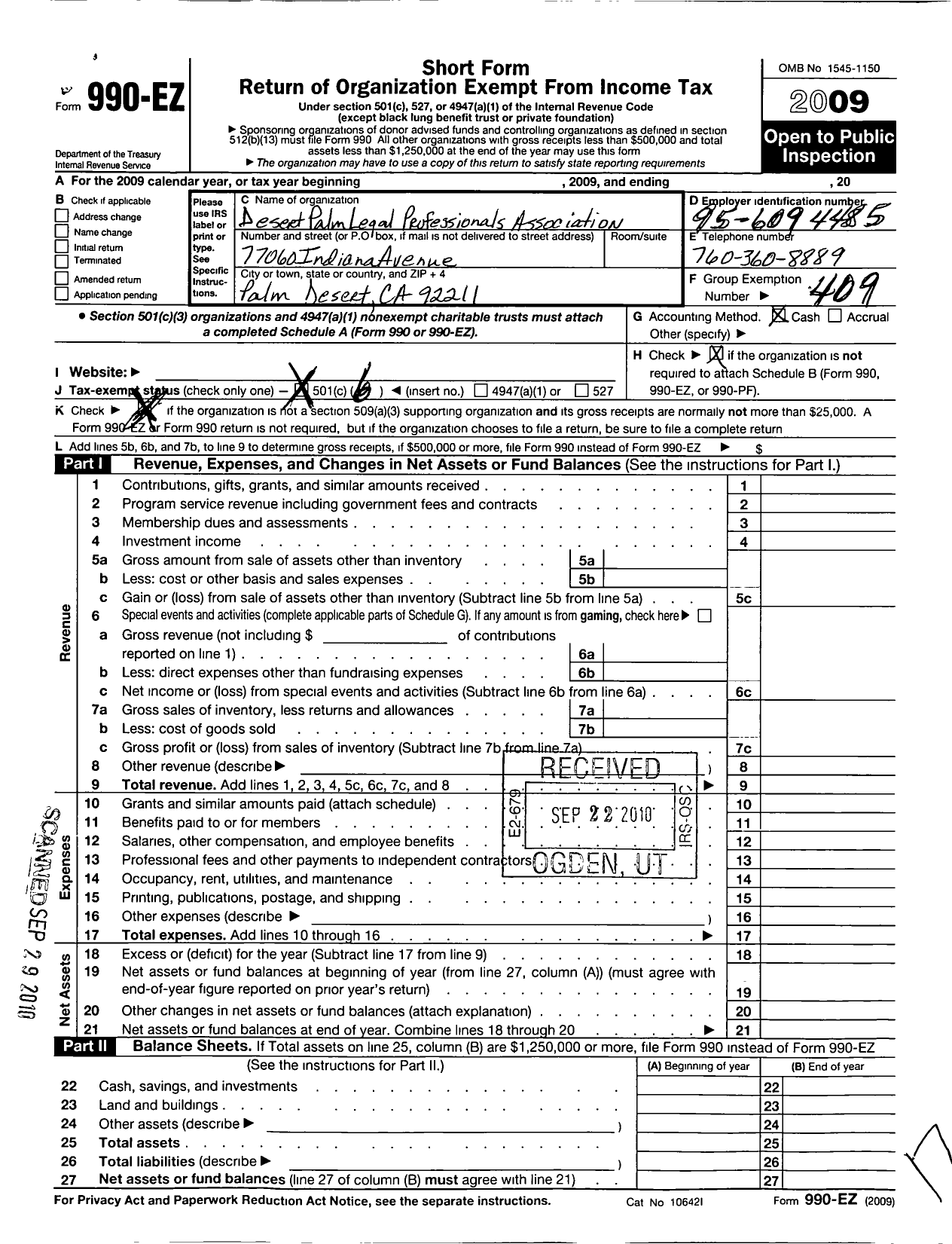 Image of first page of 2009 Form 990EO for Legal Secretaries Incorporated / Desert Palm