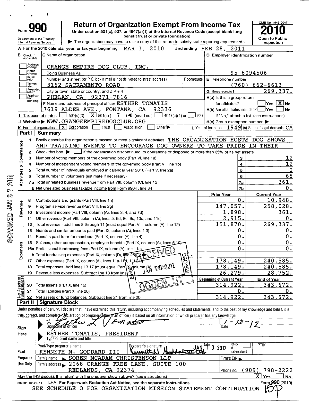 Image of first page of 2010 Form 990O for Orange Empire Dog Club