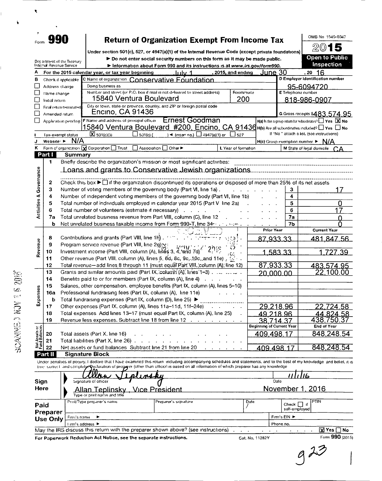 Image of first page of 2015 Form 990 for Conservative Foundation