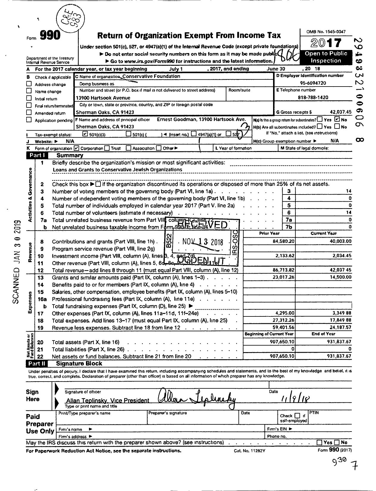 Image of first page of 2017 Form 990 for Conservative Foundation