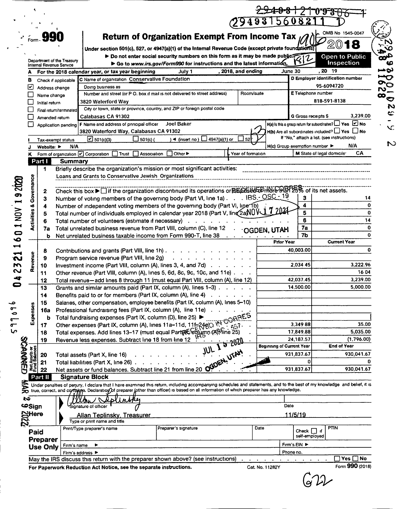 Image of first page of 2018 Form 990 for Conservative Foundation