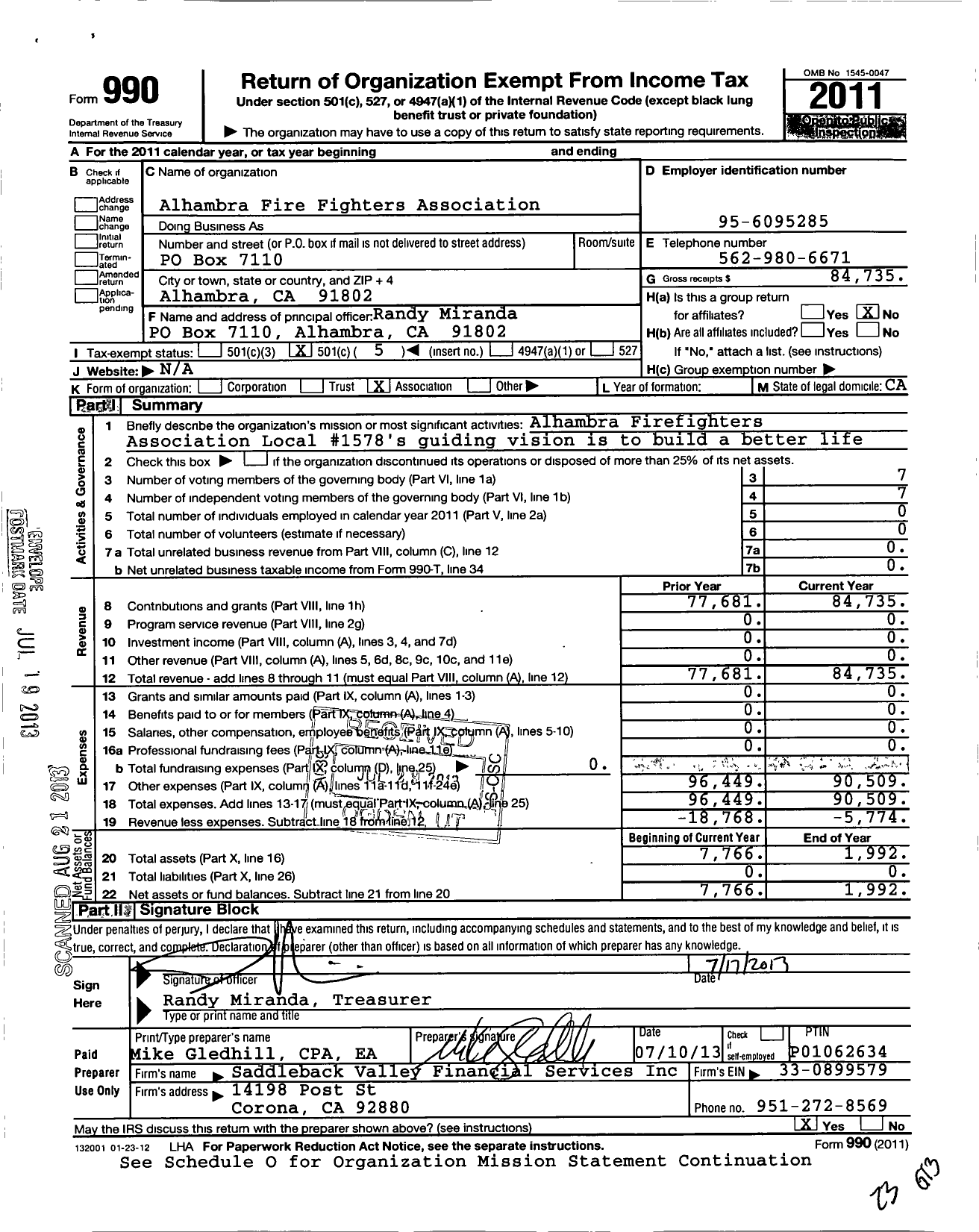 Image of first page of 2011 Form 990O for Alhambra Fire Fighters Association