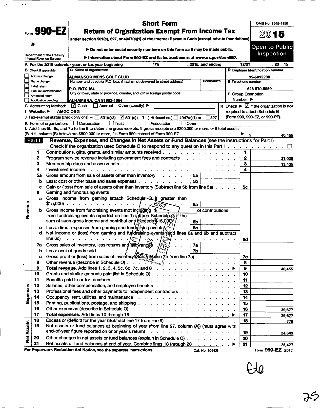 Image of first page of 2015 Form 990EO for Almansor Mens Golf Club