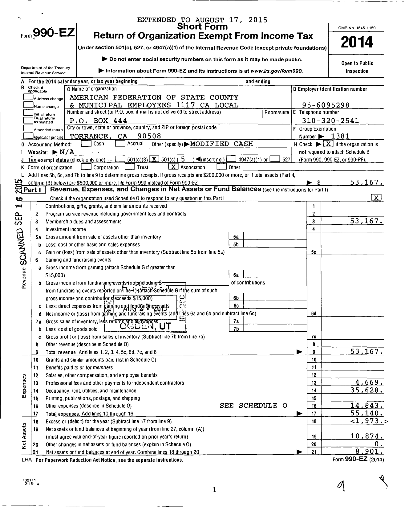 Image of first page of 2014 Form 990EO for American Federation of State County & Municipal Employees - L1117ca Torrance Municipal Emp