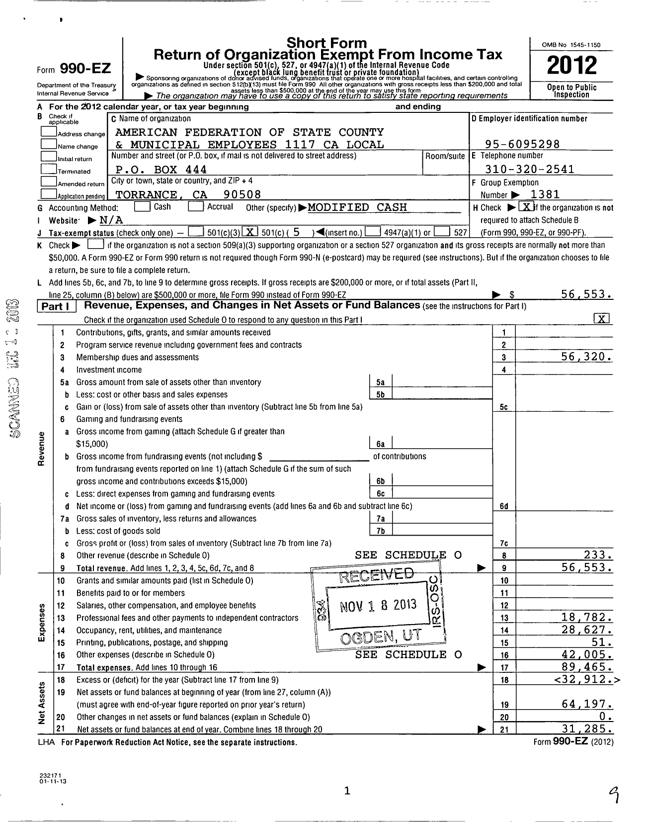 Image of first page of 2012 Form 990EO for American Federation of State County & Municipal Employees - L1117ca Torrance Municipal Emp