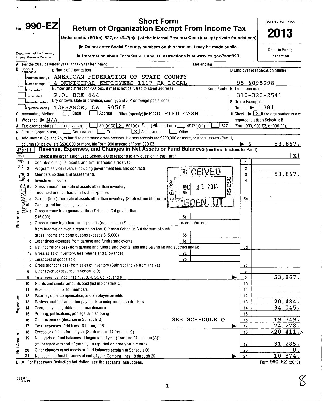 Image of first page of 2013 Form 990EO for American Federation of State County & Municipal Employees - L1117ca Torrance Municipal Emp