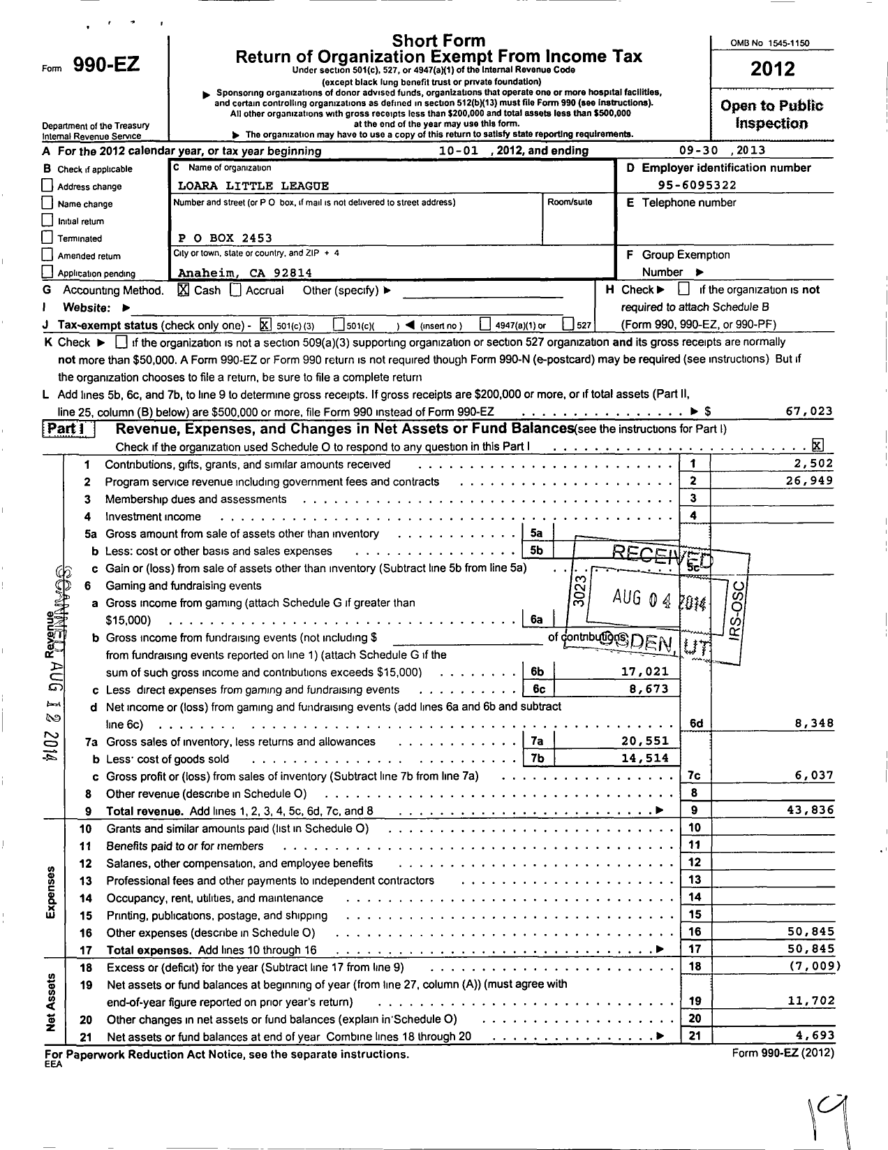 Image of first page of 2012 Form 990EZ for Loara Little League