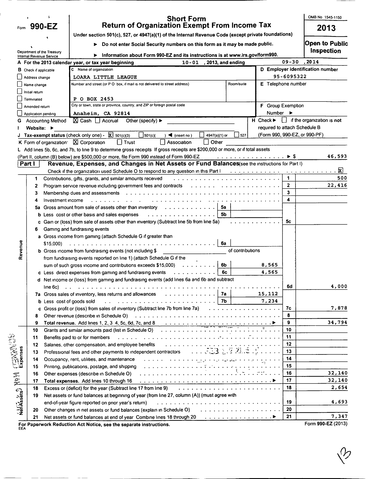 Image of first page of 2013 Form 990EZ for Loara Little League