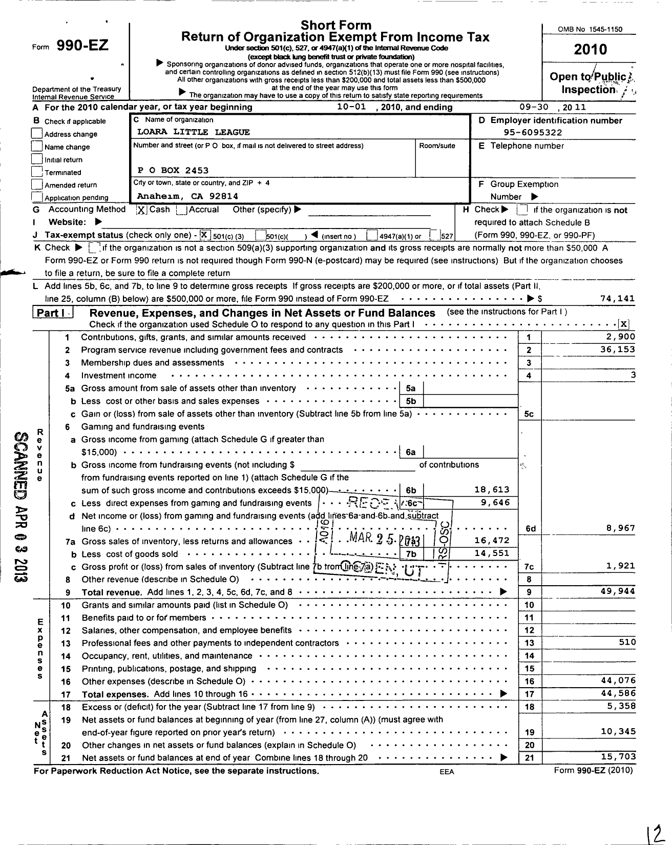 Image of first page of 2010 Form 990EZ for Loara Little League