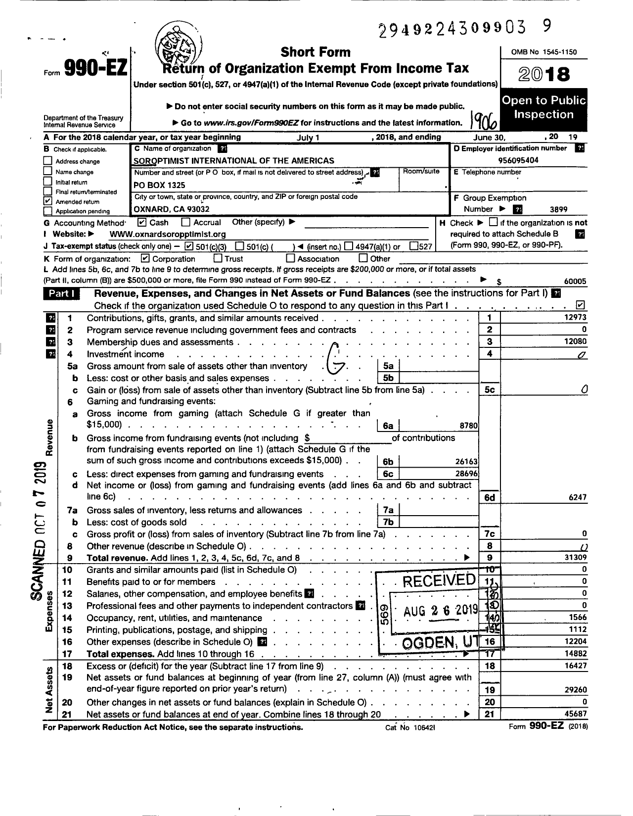 Image of first page of 2018 Form 990EZ for Soroptimist International of the Americas - 112513 Oxnard Ca