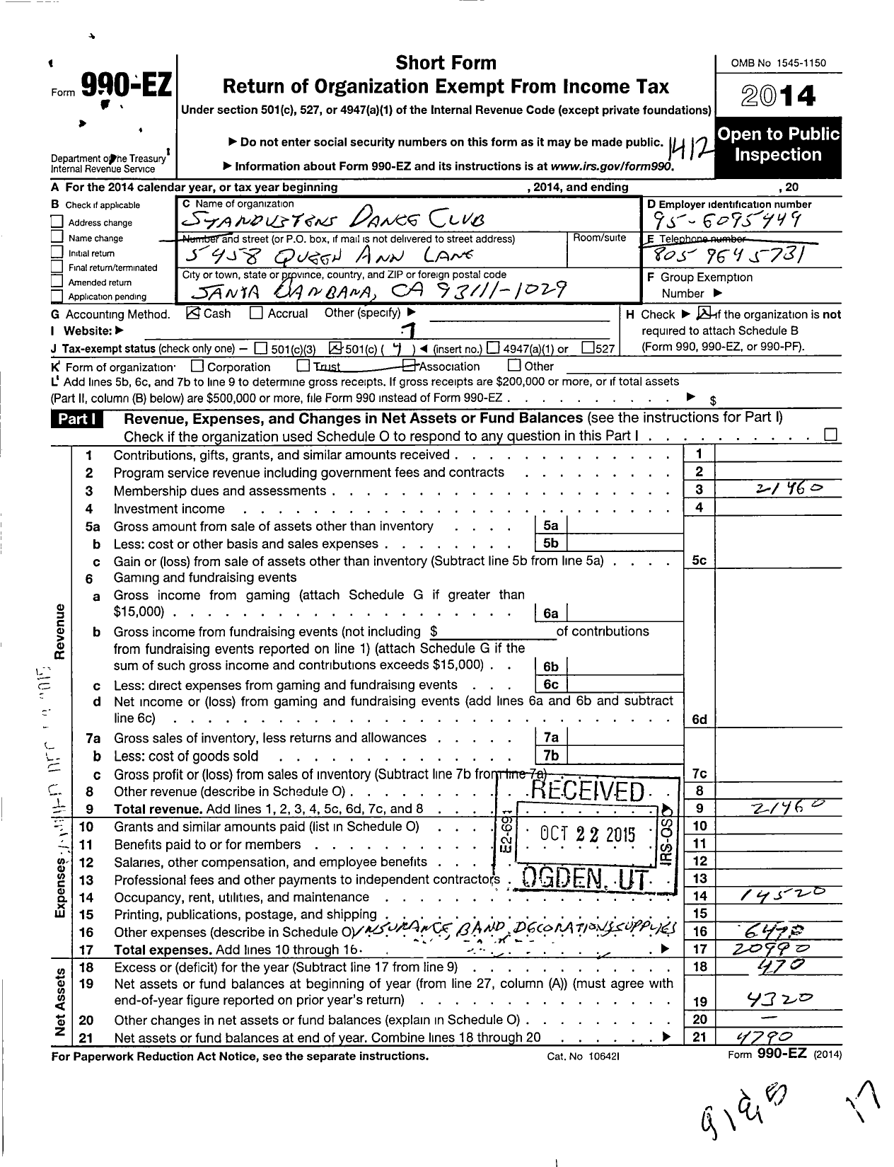 Image of first page of 2014 Form 990EO for Stardusters Dance Club