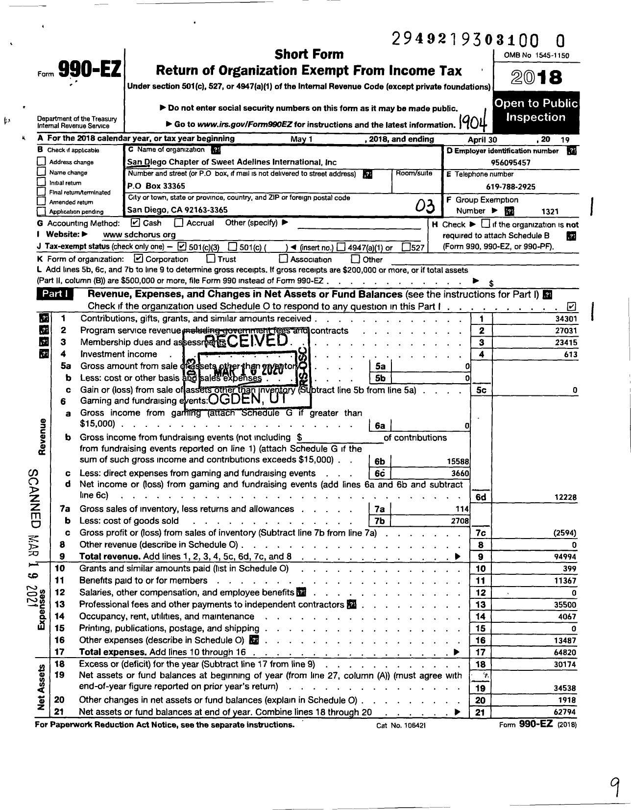 Image of first page of 2018 Form 990EZ for Sweet Adelines International - San Diego