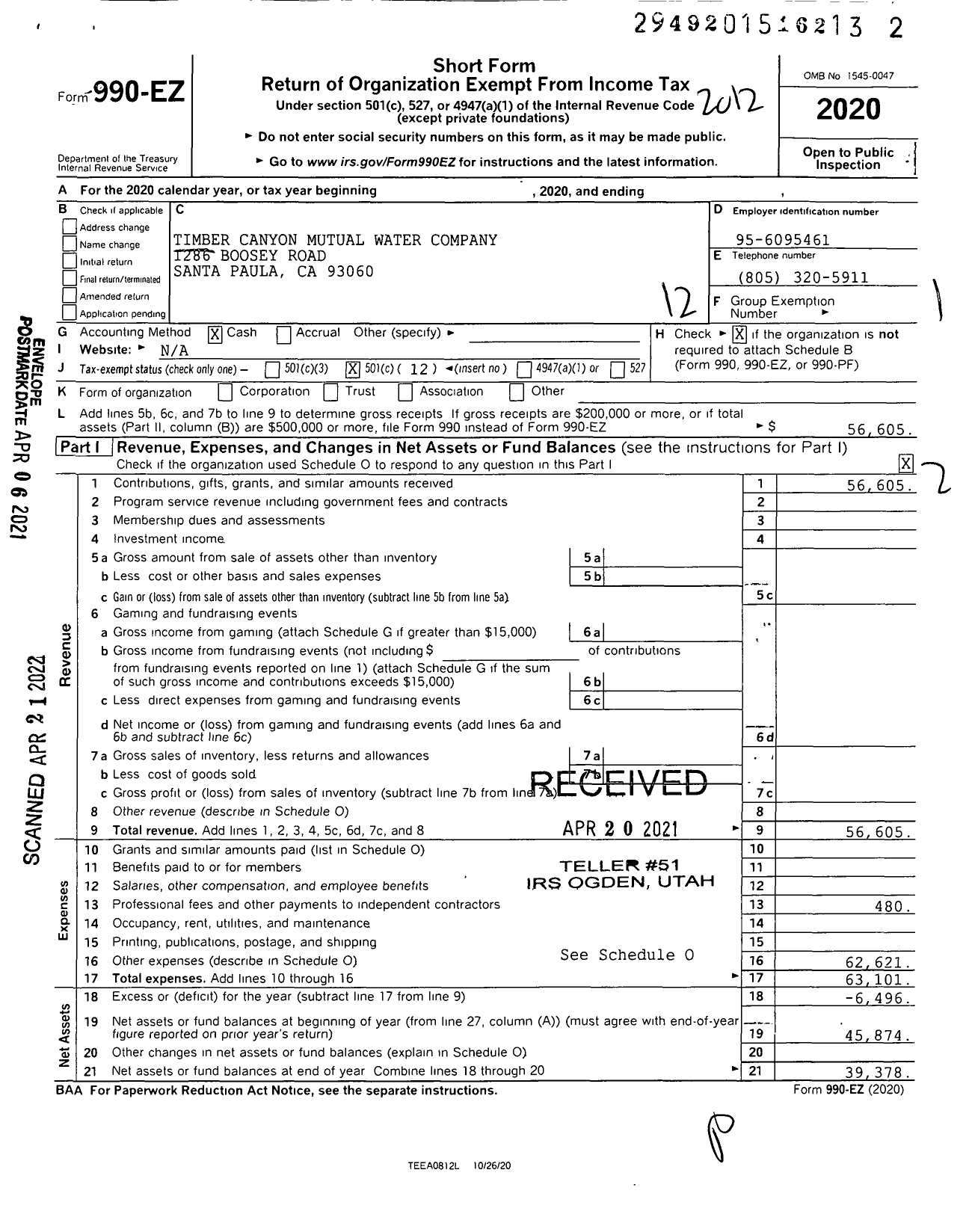 Image of first page of 2020 Form 990EO for Timber Canyon Mutual Water Company