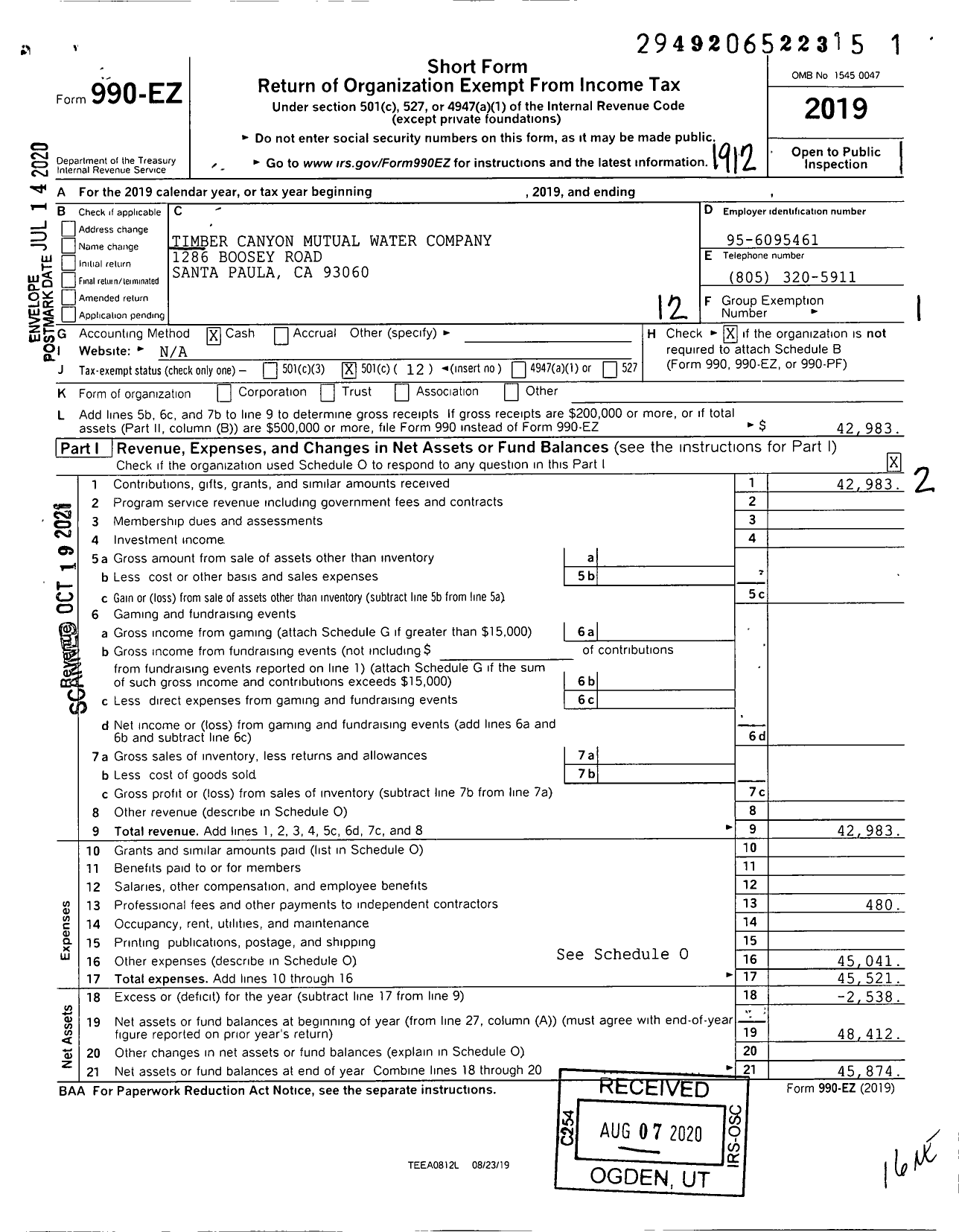 Image of first page of 2019 Form 990EO for Timber Canyon Mutual Water Company