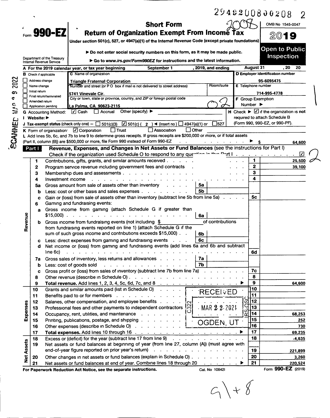 Image of first page of 2019 Form 990EO for Triangle Fraternal Organization
