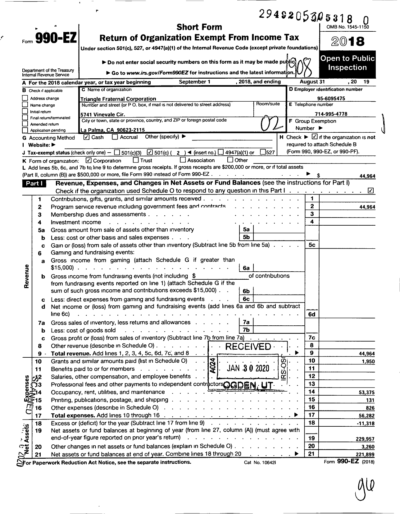 Image of first page of 2018 Form 990EO for Triangle Fraternal Organization