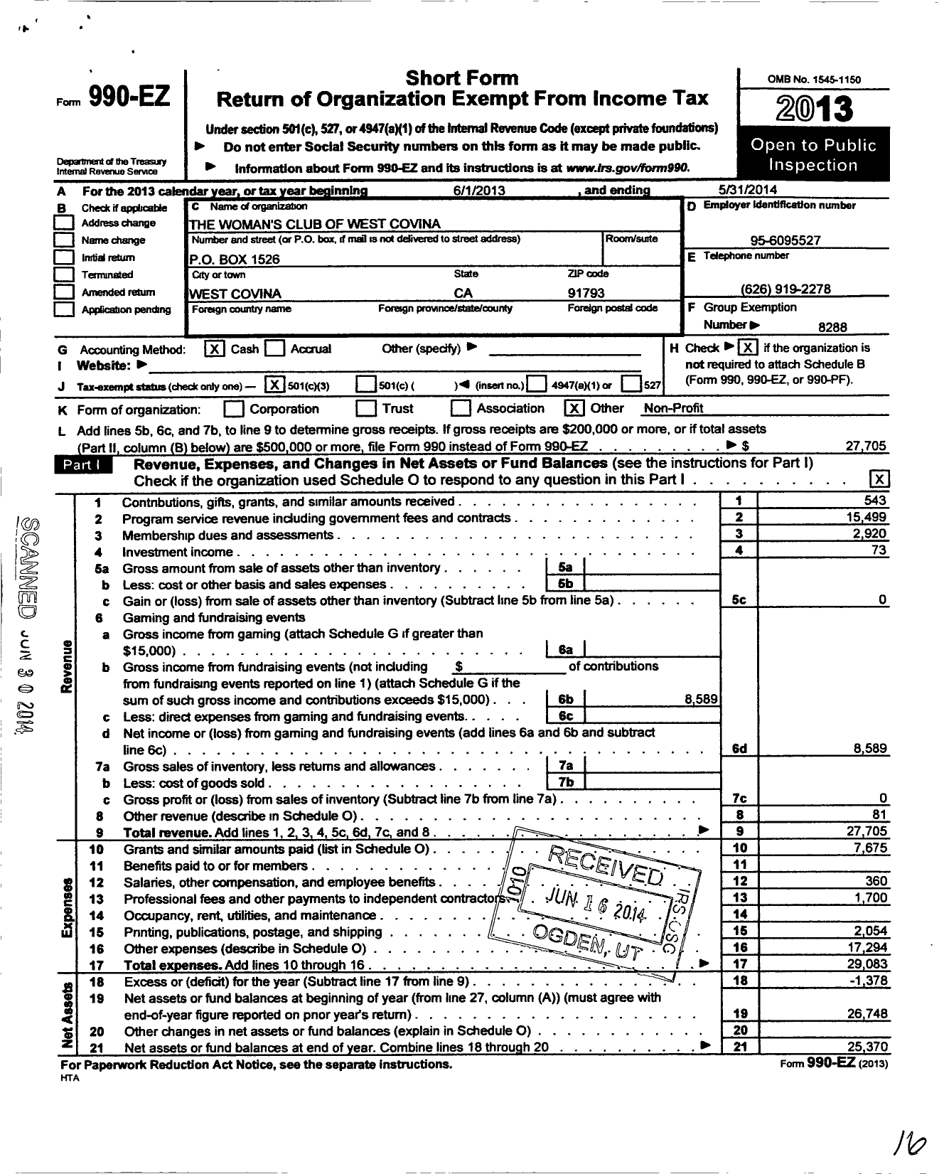 Image of first page of 2013 Form 990EZ for California Federation of Women's Clubs - Womans Club of West Covina