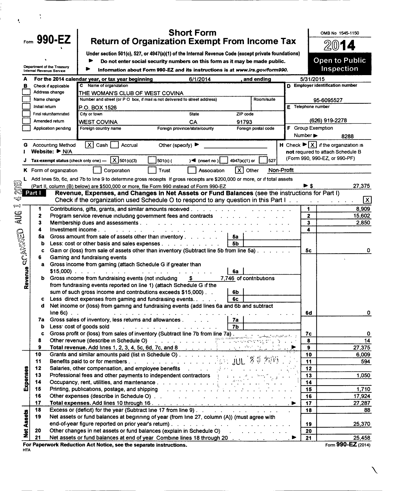 Image of first page of 2014 Form 990EZ for California Federation of Women's Clubs - Womans Club of West Covina