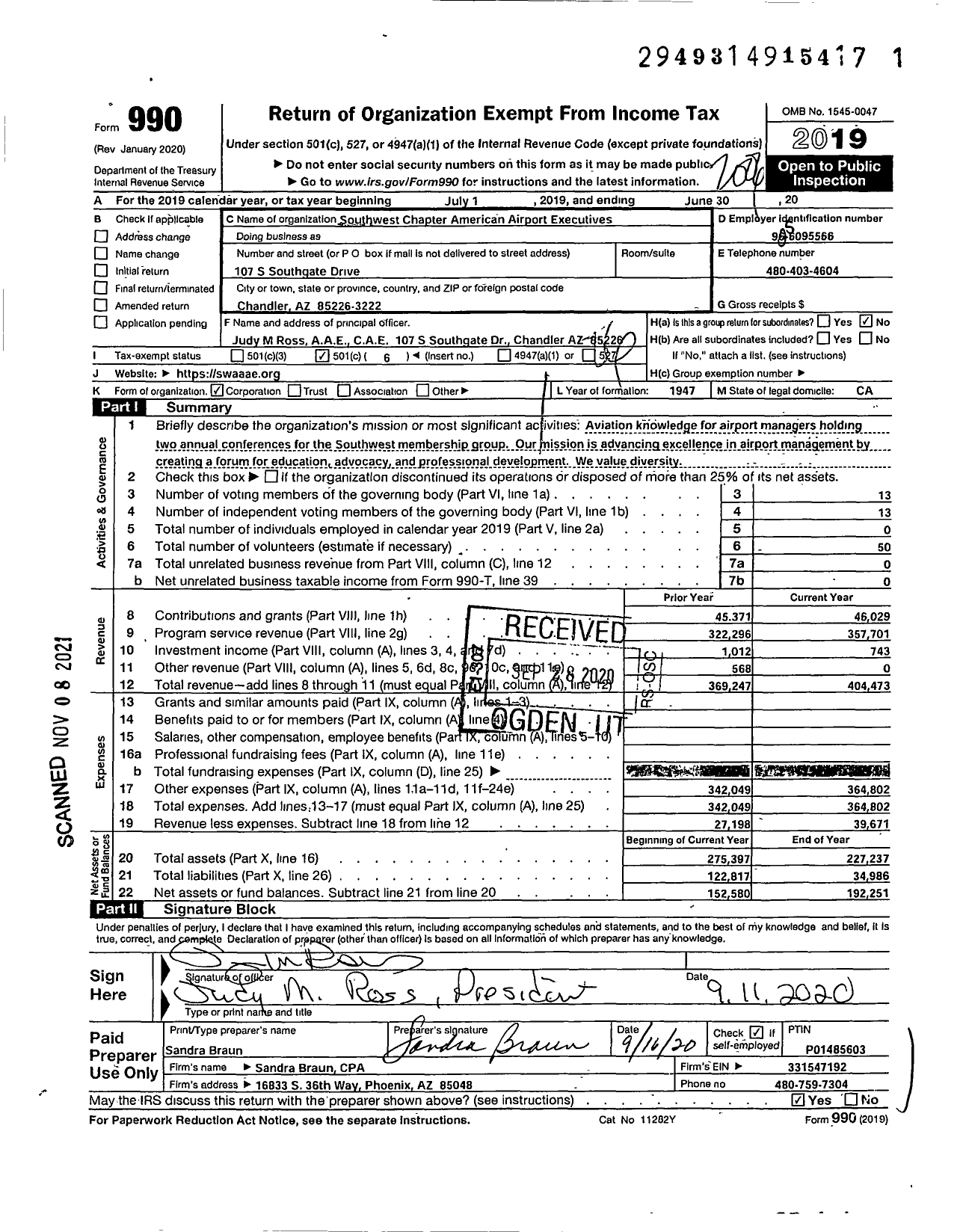 Image of first page of 2019 Form 990O for Southwest Chapter American Assoc of Airport Executives