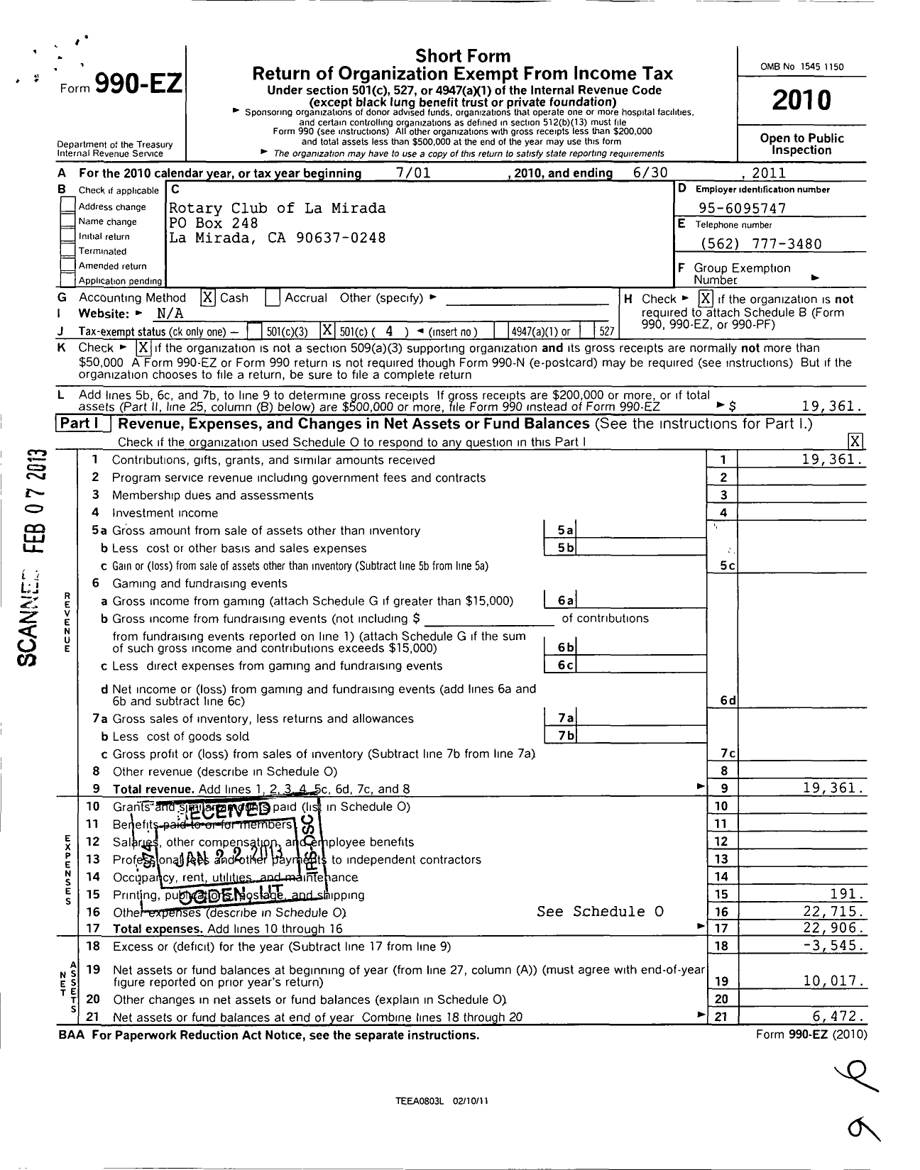 Image of first page of 2010 Form 990EO for Rotary International - La Mirada California Rotary Club