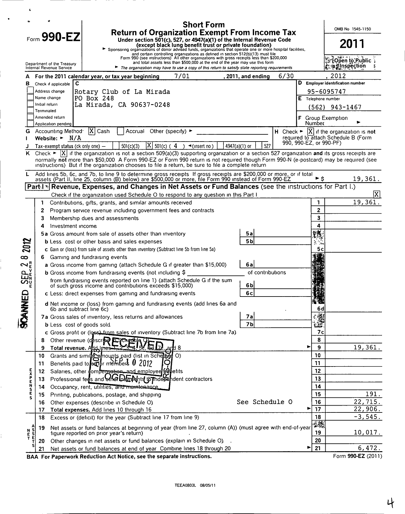 Image of first page of 2011 Form 990EO for Rotary International - La Mirada California Rotary Club