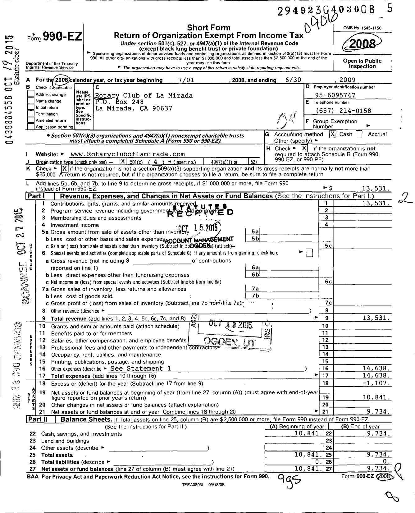 Image of first page of 2008 Form 990EO for Rotary International - La Mirada California Rotary Club