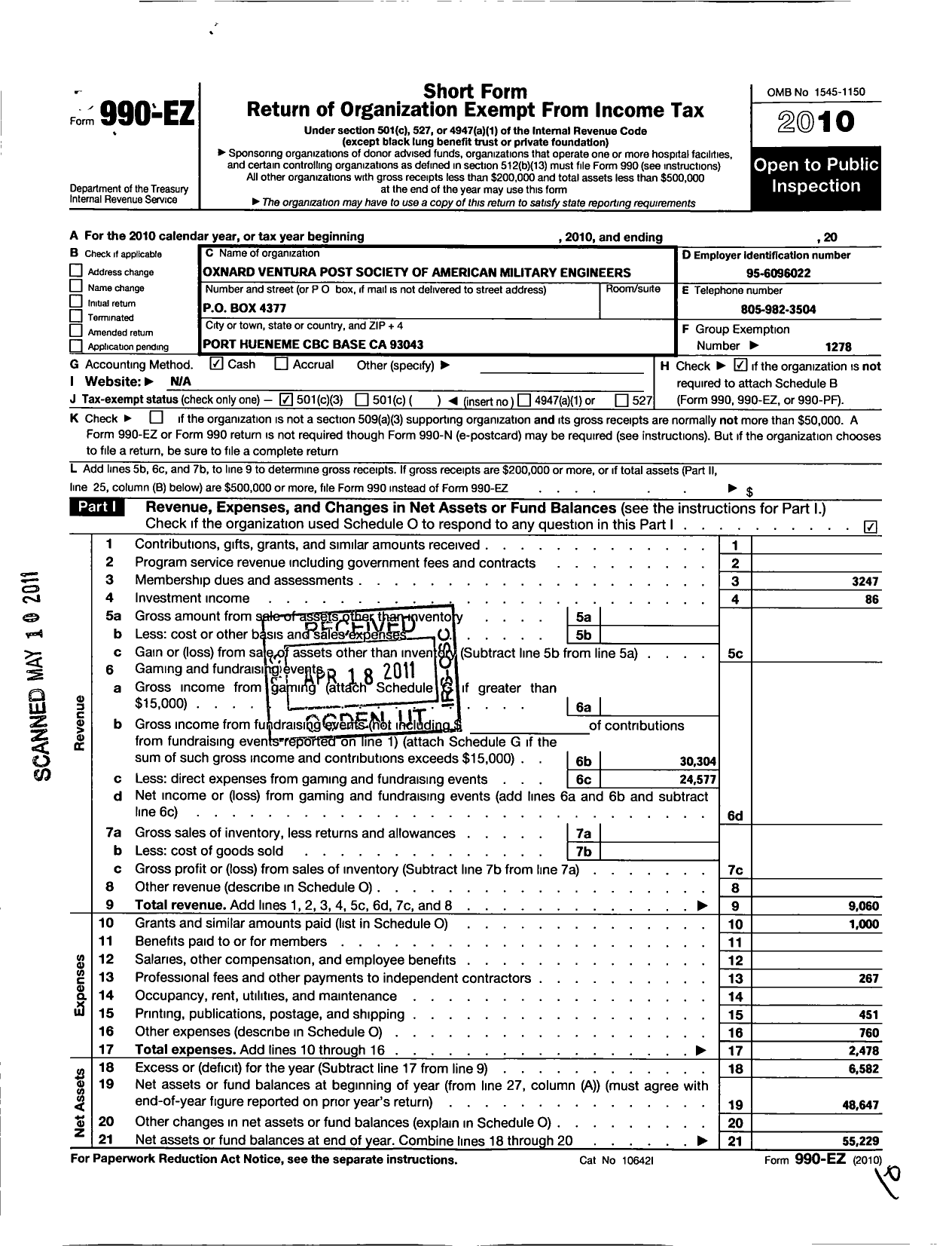 Image of first page of 2010 Form 990EZ for Society of American Military Engineers / S A M E Oxnard-Ventura Post