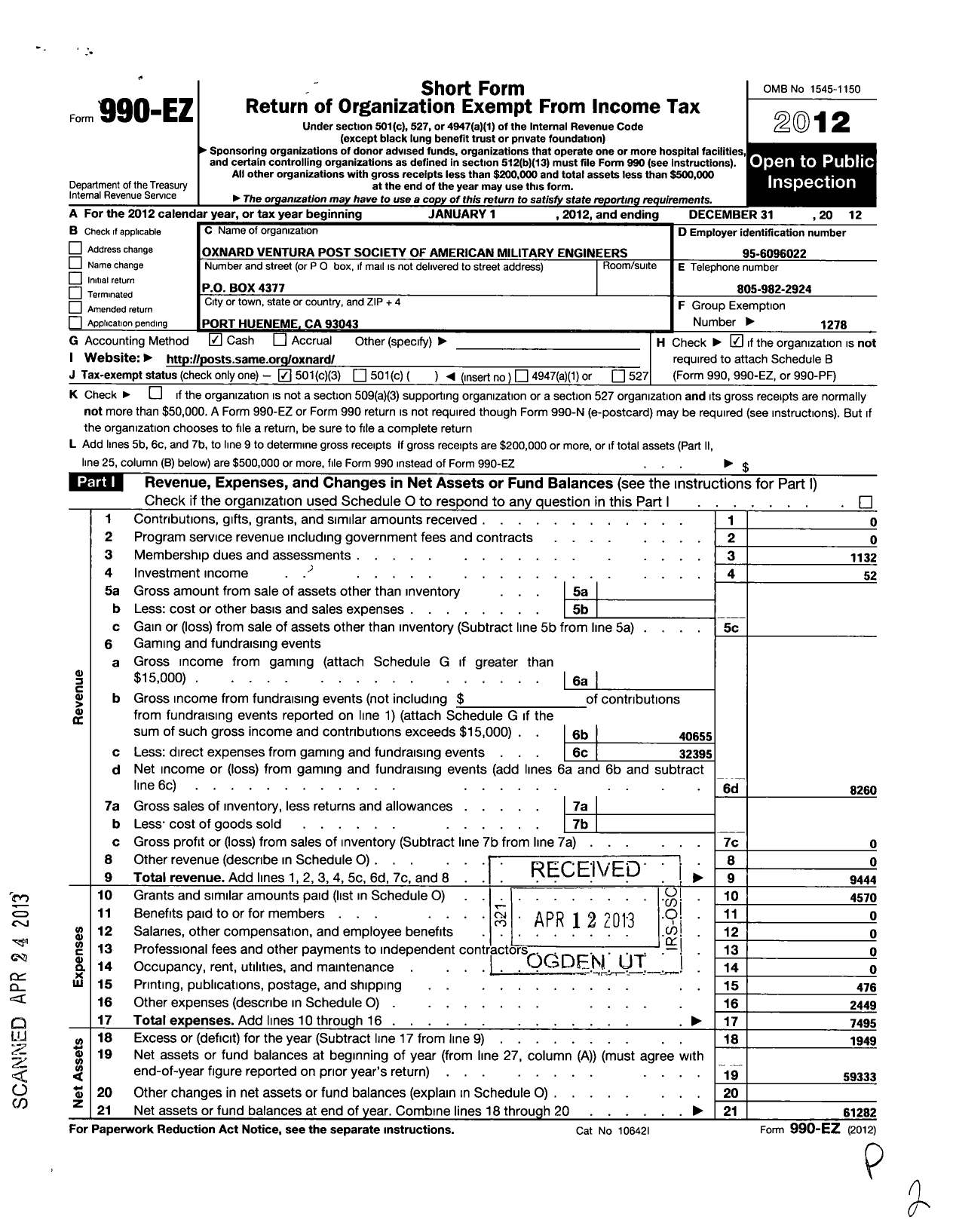 Image of first page of 2012 Form 990EZ for Society of American Military Engineers / S A M E Oxnard-Ventura Post