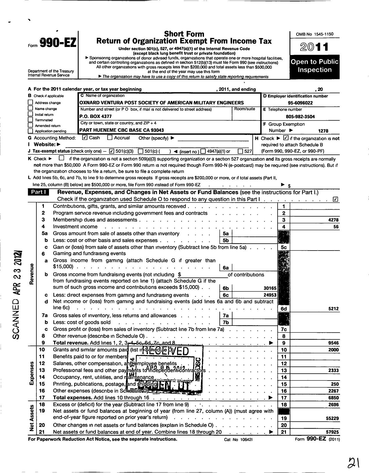Image of first page of 2011 Form 990EZ for Society of American Military Engineers / S A M E Oxnard-Ventura Post