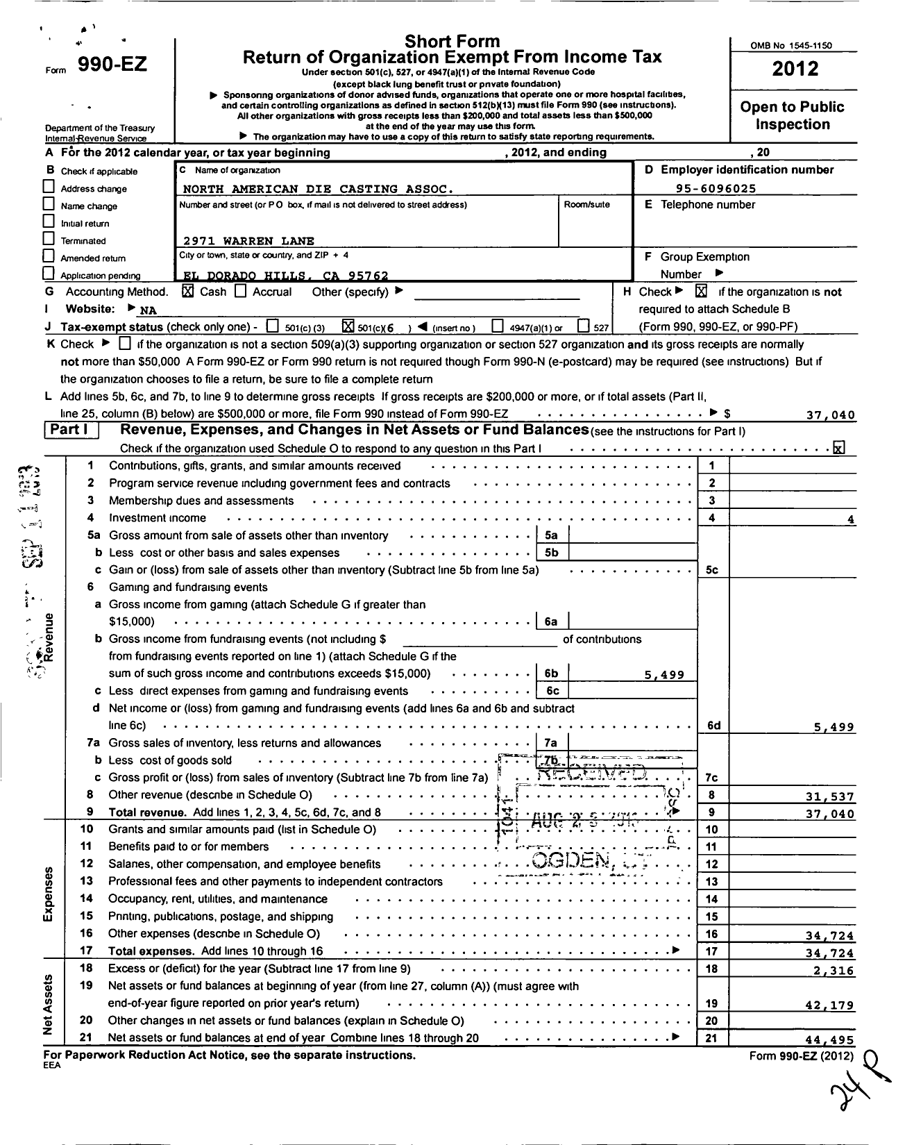 Image of first page of 2012 Form 990EO for Nadca Chapter 30