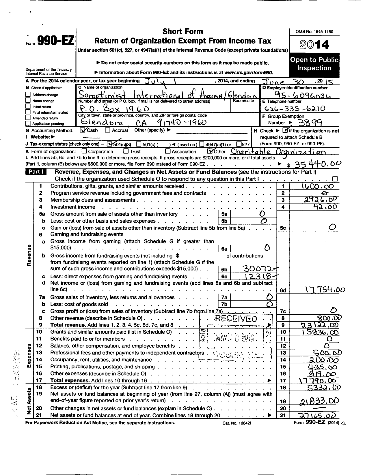 Image of first page of 2014 Form 990EZ for Soroptimist International of the Americas - 113602 Azusa-Glendora Ca