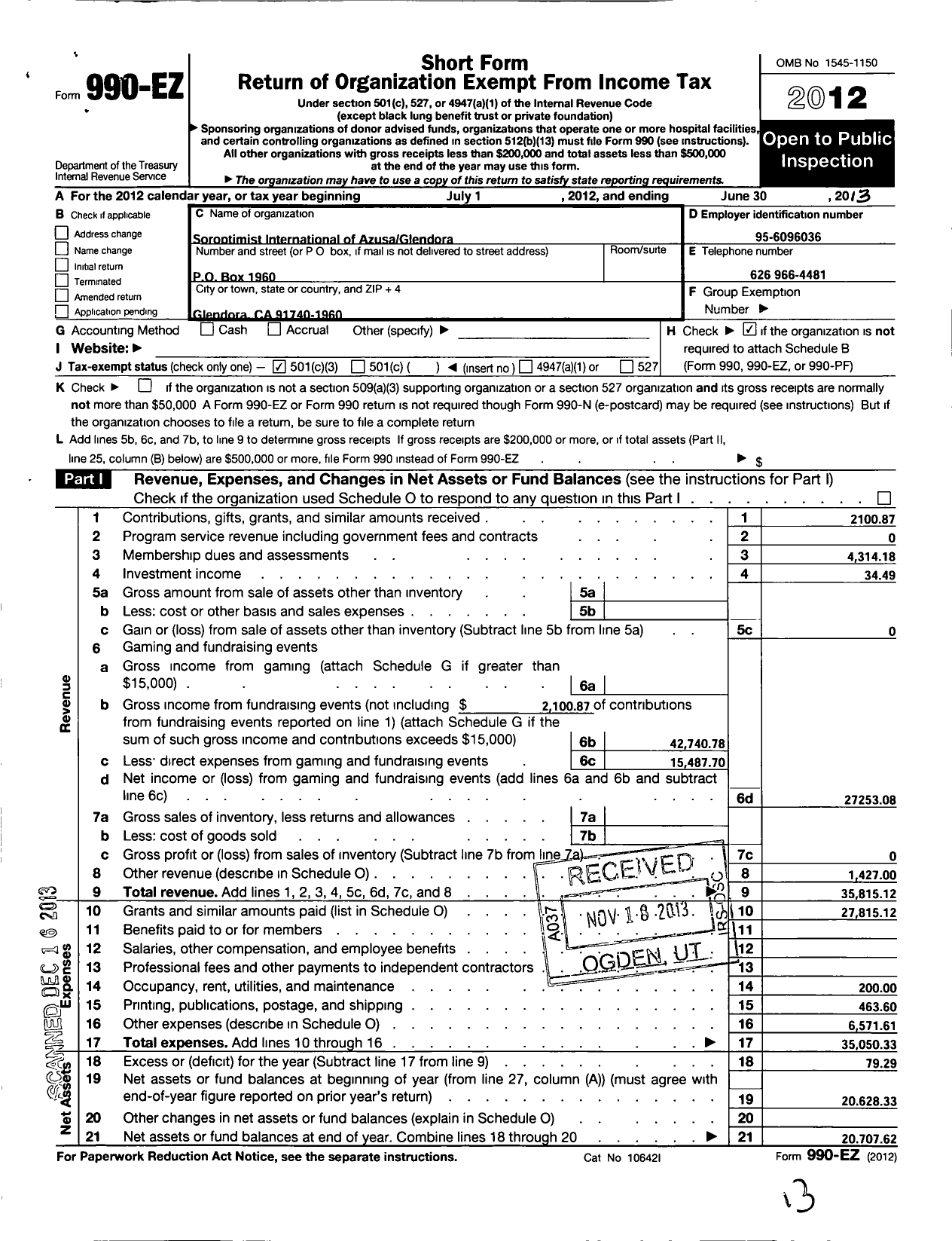 Image of first page of 2012 Form 990EZ for Soroptimist International of the Americas - 113602 Azusa-Glendora Ca