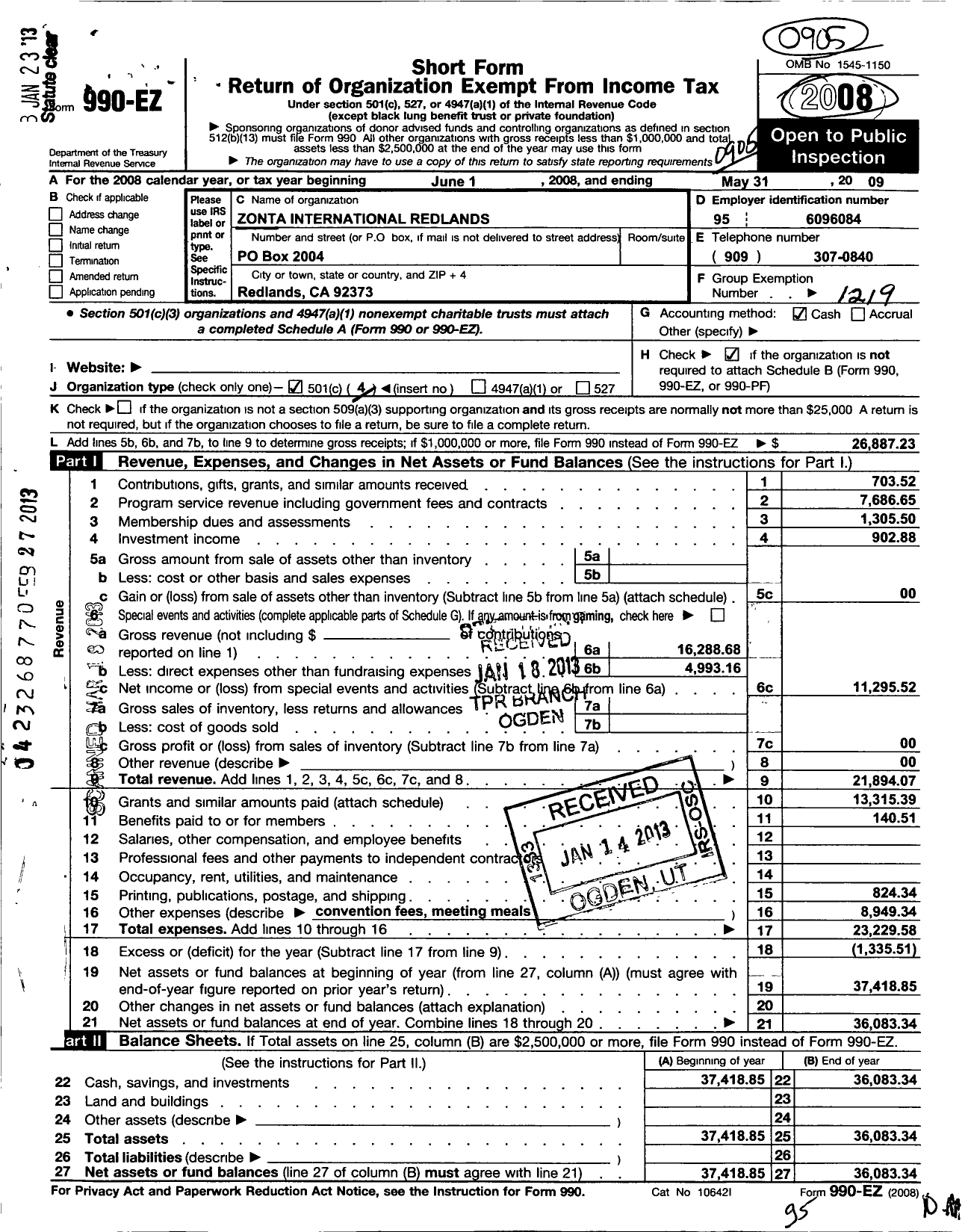 Image of first page of 2008 Form 990EO for Zonta Club of Redlands