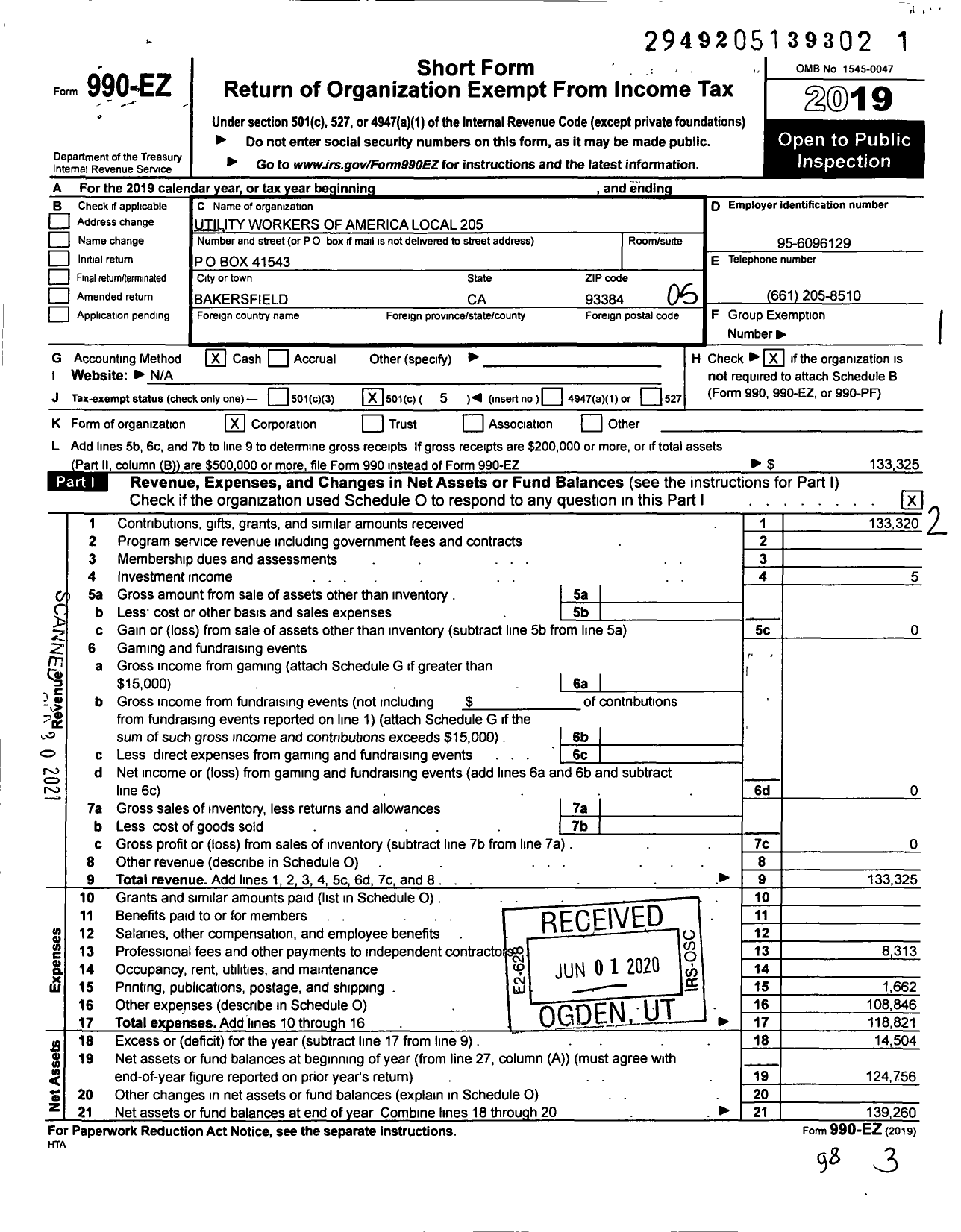 Image of first page of 2019 Form 990EO for Utility Workers Union of America Local 205