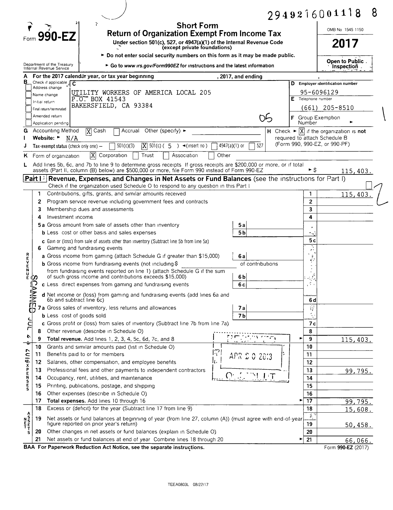 Image of first page of 2017 Form 990EO for Utility Workers Union of America Local 205