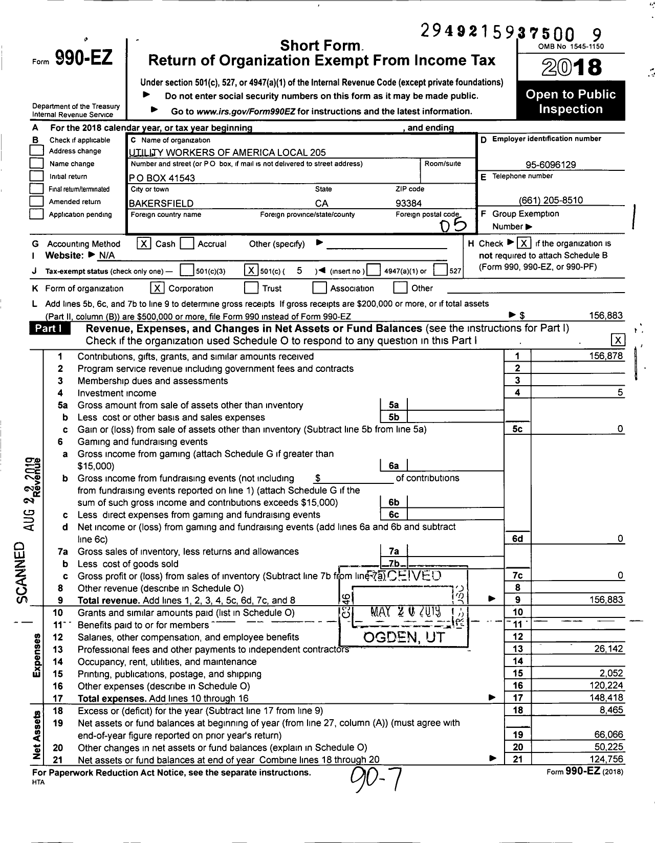 Image of first page of 2018 Form 990EO for Utility Workers Union of America Local 205