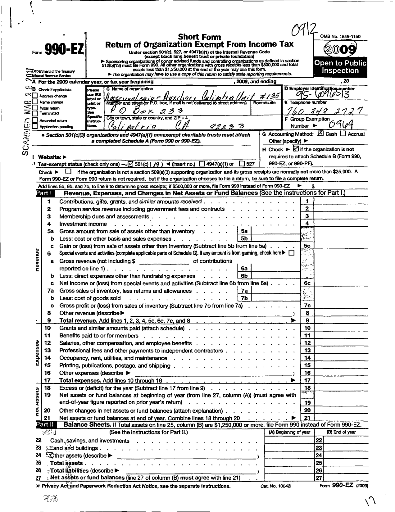 Image of first page of 2009 Form 990EO for American Legion Auxiliary - 135 Calipatria