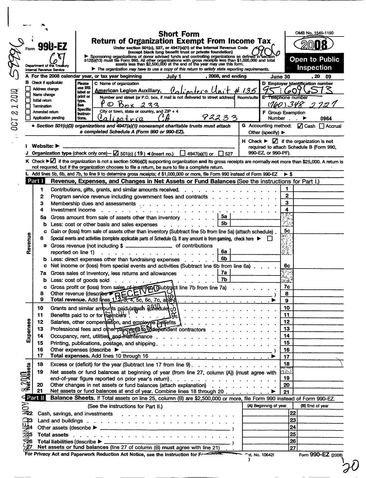 Image of first page of 2008 Form 990EO for American Legion Auxiliary - 135 Calipatria