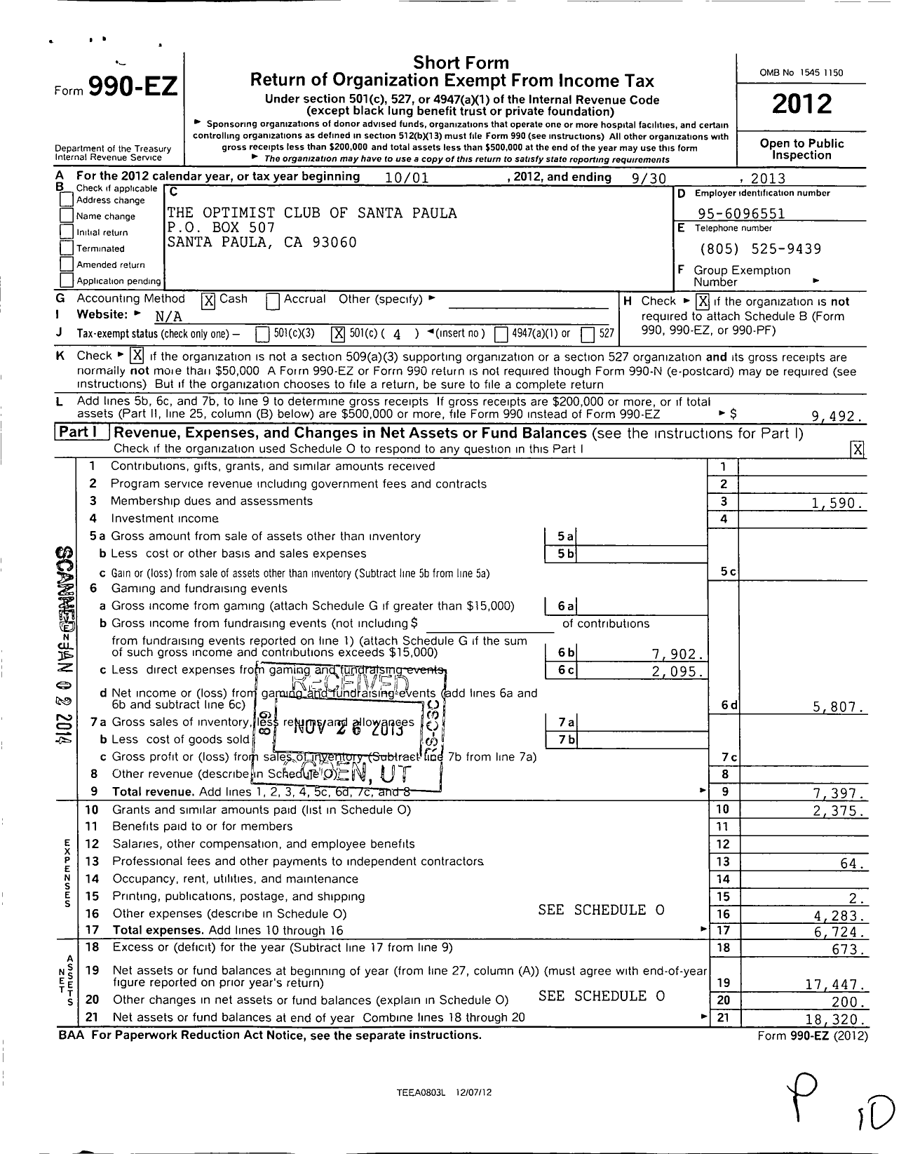 Image of first page of 2012 Form 990EO for Optimist International - 14765 Optimist Club of Santa Paula