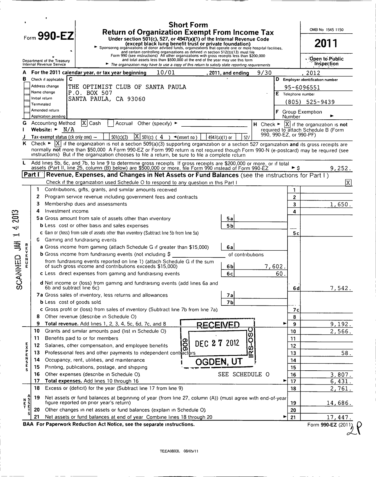 Image of first page of 2011 Form 990EO for Optimist International - 14765 Optimist Club of Santa Paula