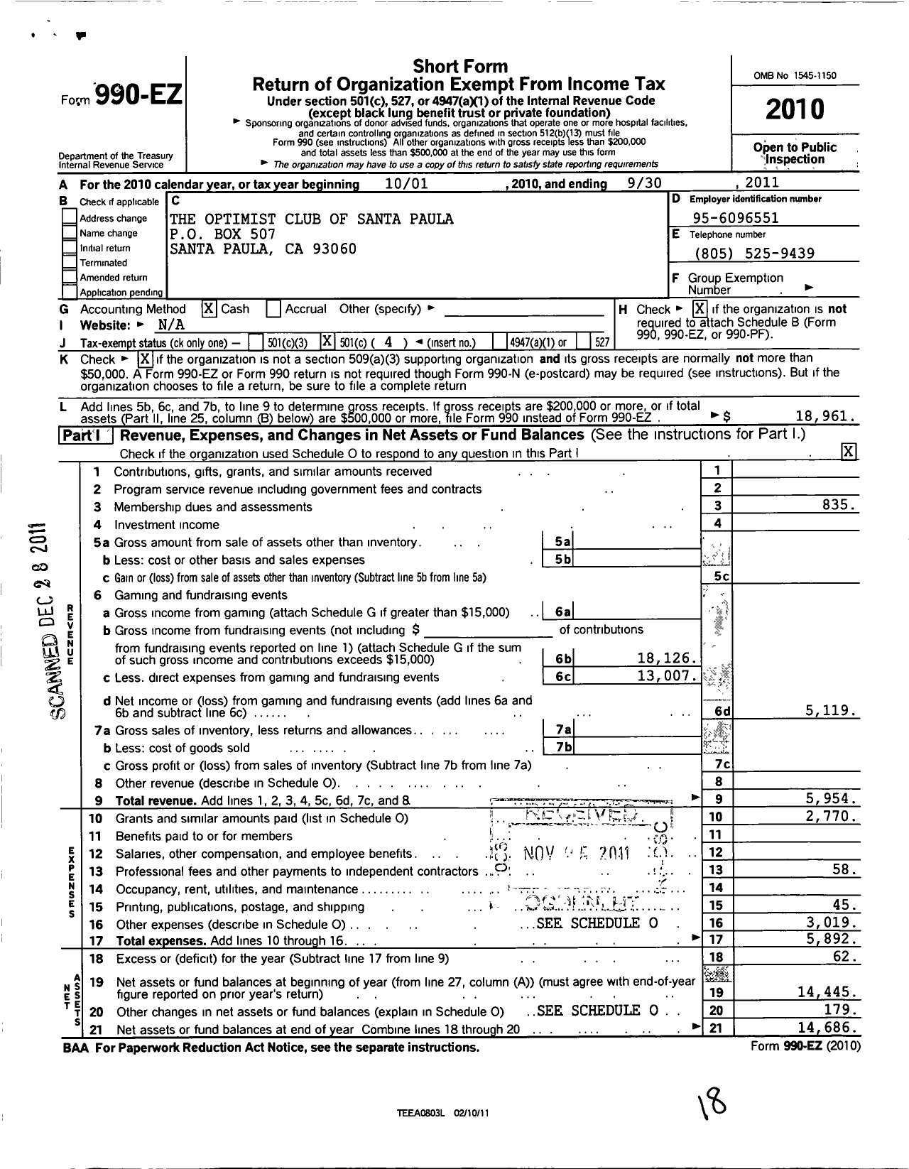 Image of first page of 2010 Form 990EO for Optimist International - 14765 Optimist Club of Santa Paula