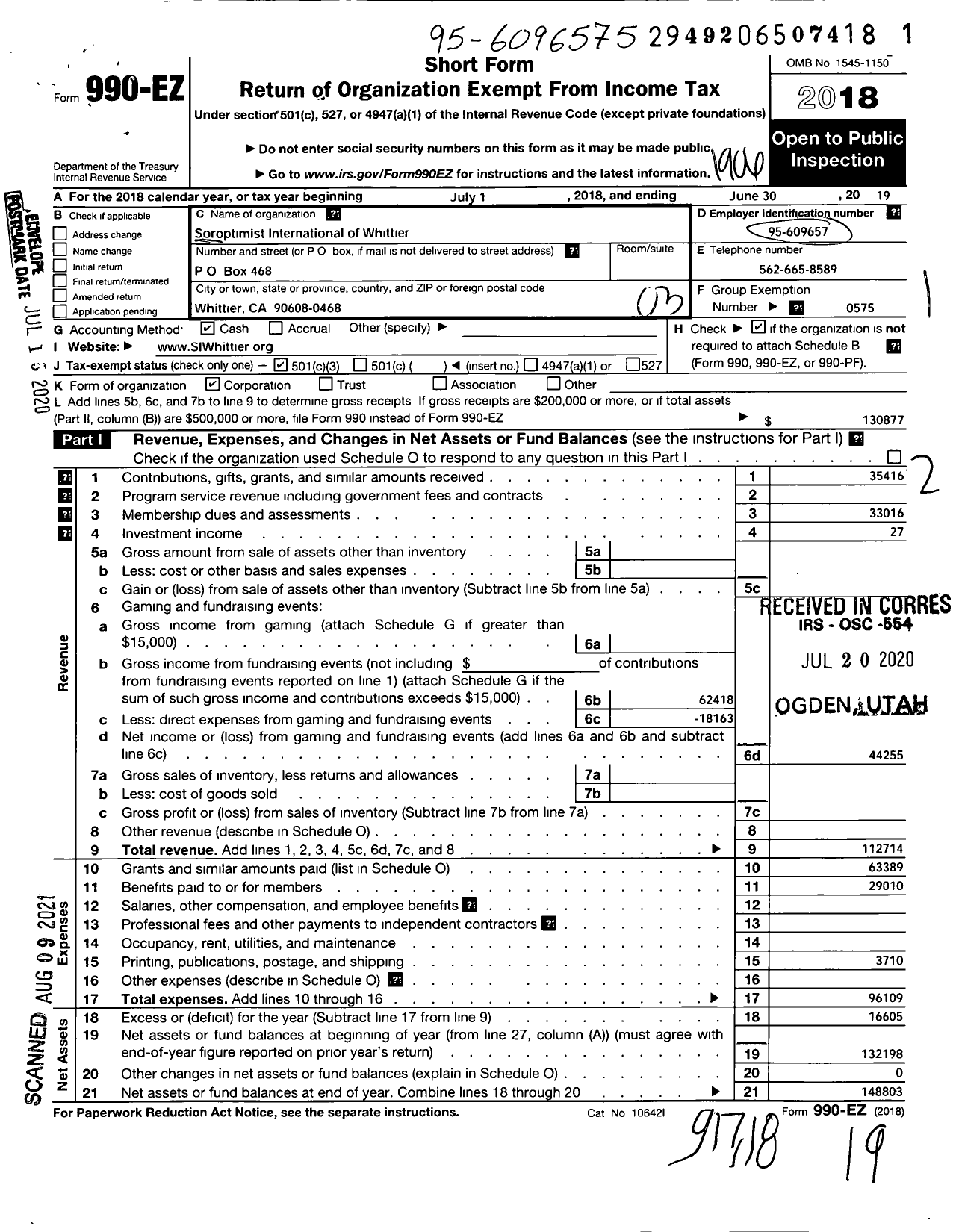 Image of first page of 2018 Form 990EZ for Soroptimist International of the Americas - 113619 Whittier Ca