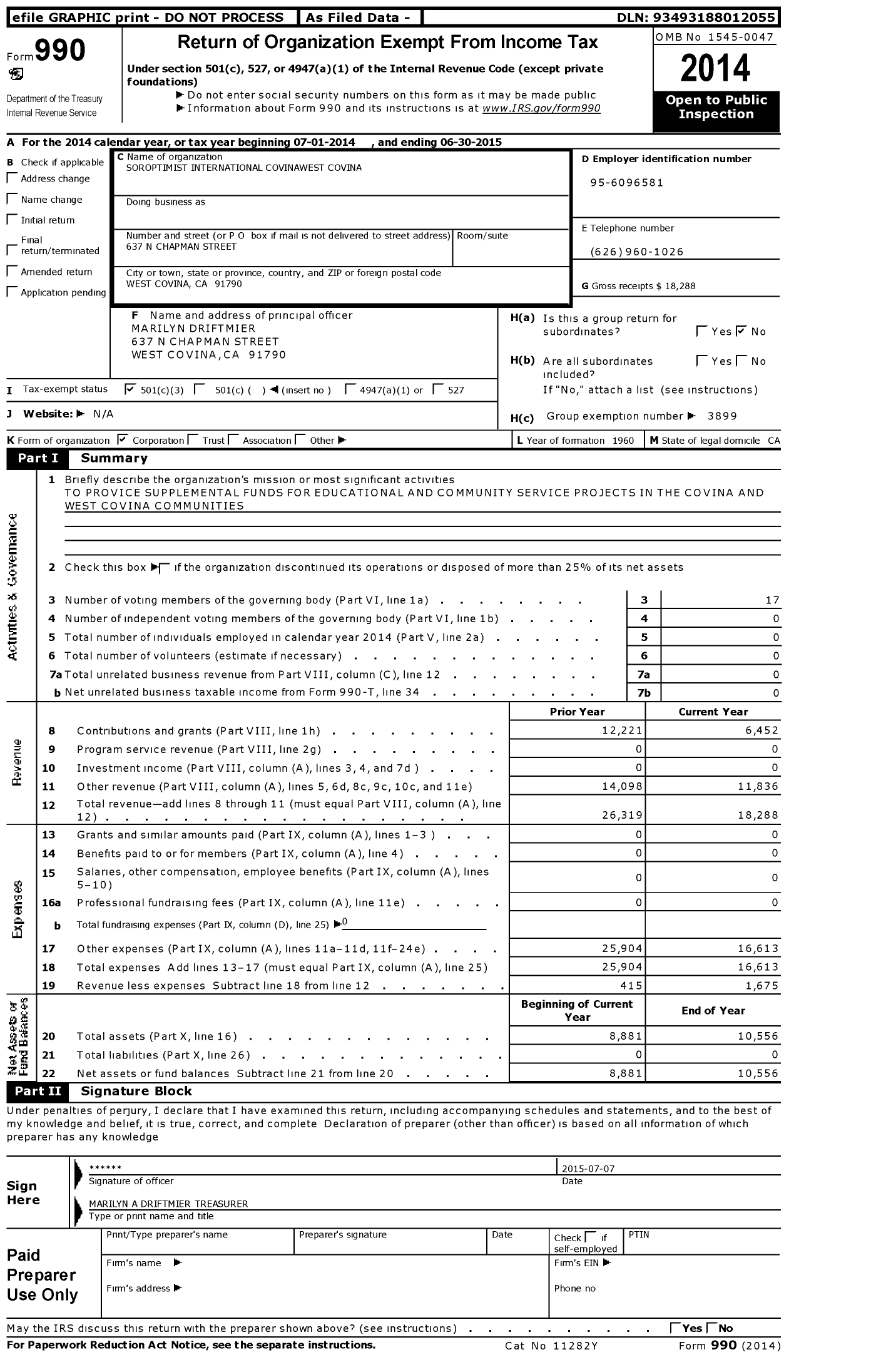 Image of first page of 2014 Form 990 for Soroptimist International of the Americas - 113604 Covina-West Covina Ca