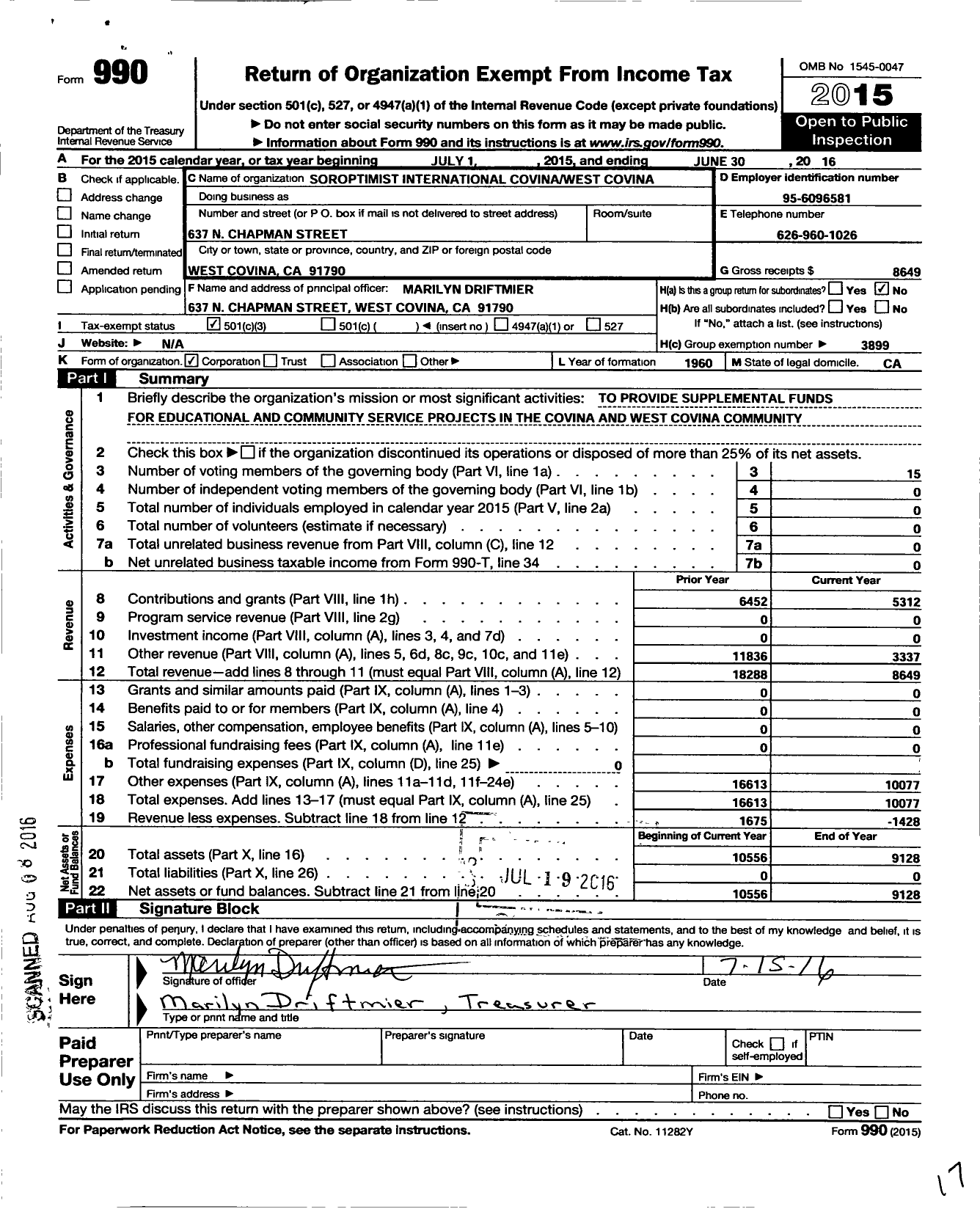 Image of first page of 2015 Form 990 for Soroptimist International of the Americas - 113604 Covina-West Covina Ca