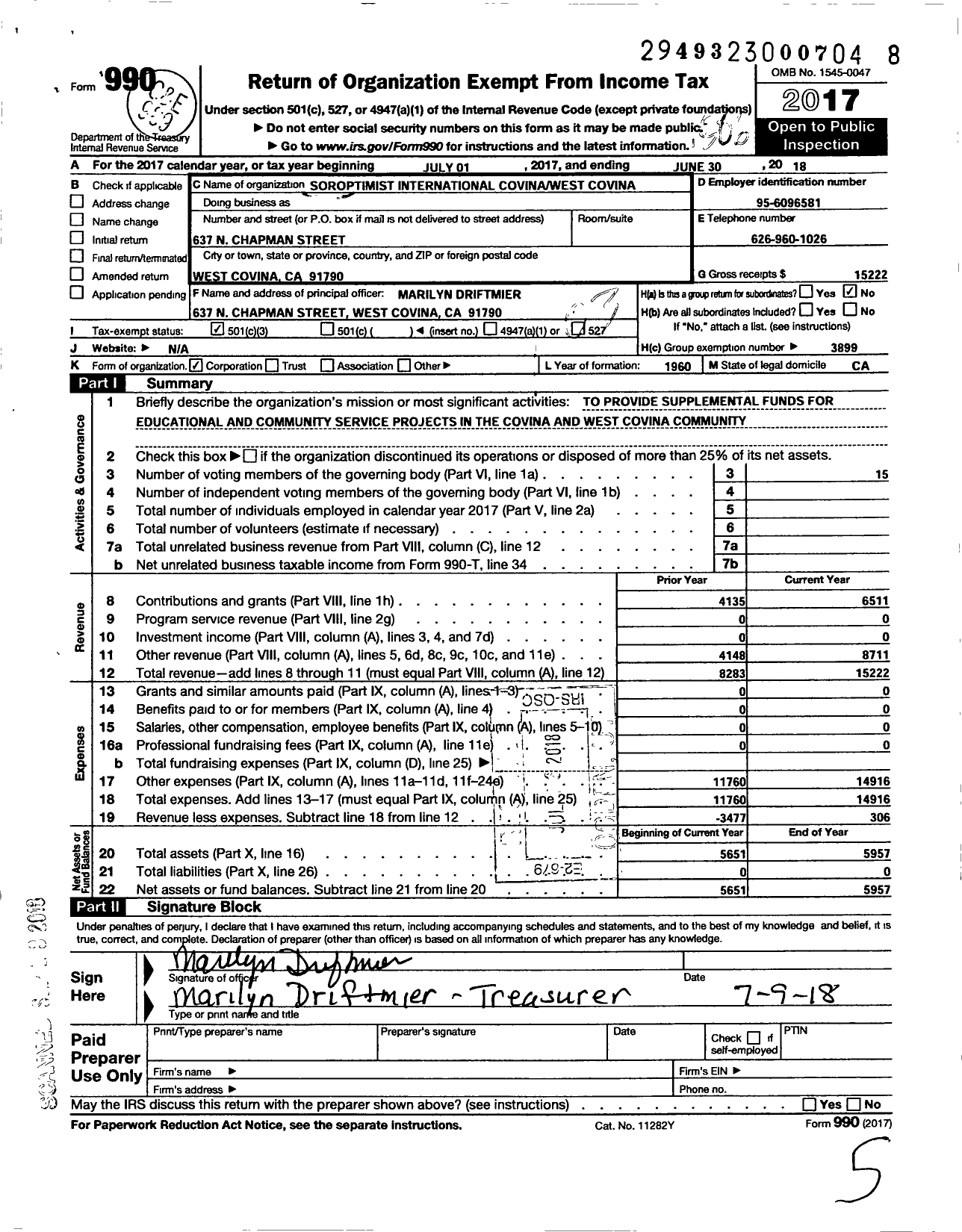 Image of first page of 2017 Form 990 for Soroptimist International of the Americas - 113604 Covina-West Covina Ca