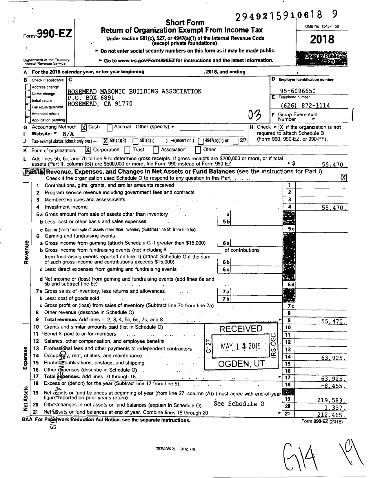 Image of first page of 2018 Form 990EZ for Rosemead Masonic Building Association