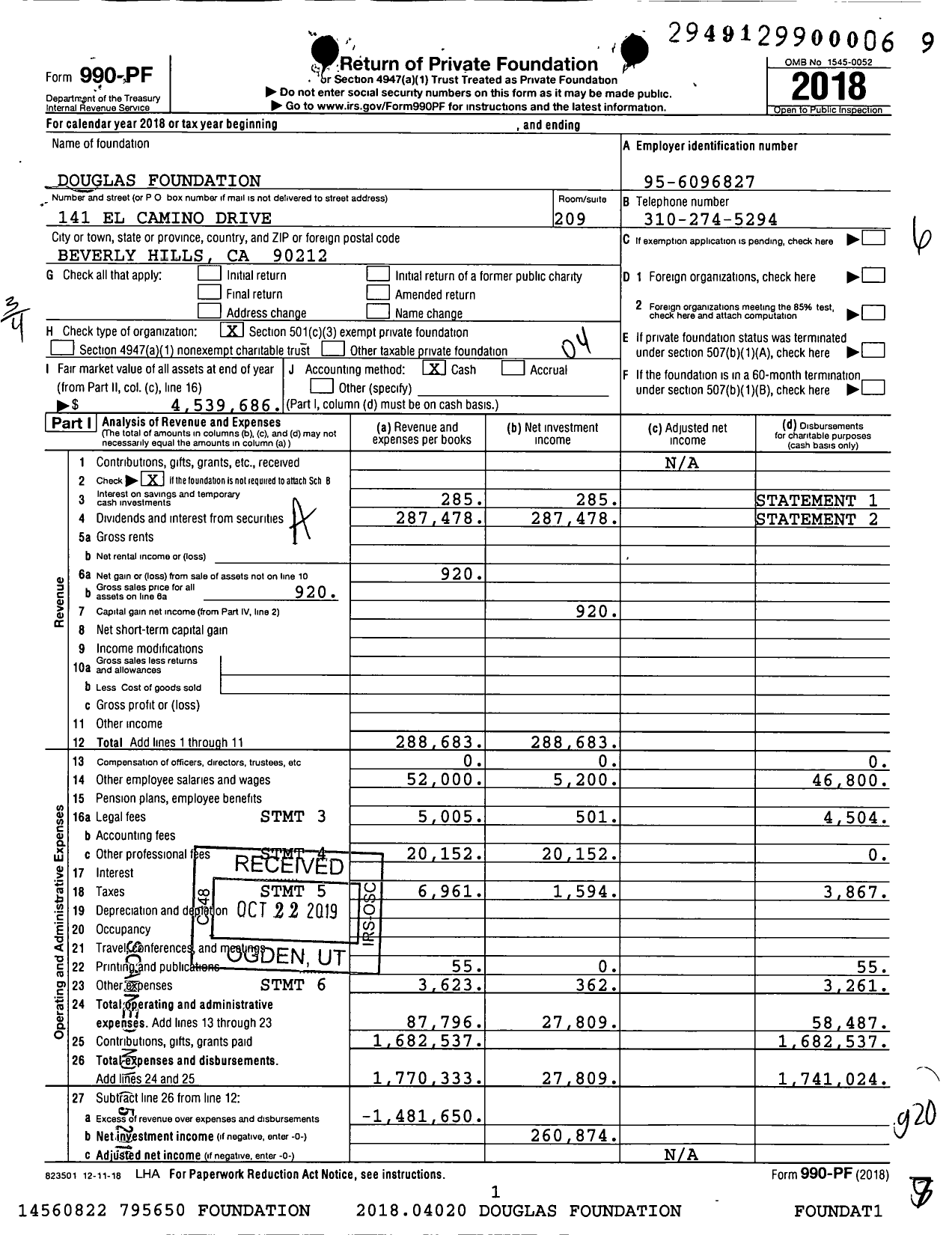 Image of first page of 2018 Form 990PF for Douglas Foundation