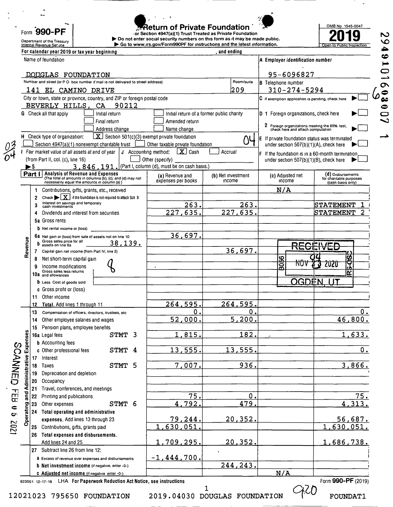 Image of first page of 2019 Form 990PF for Douglas Foundation